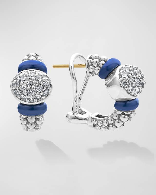 Blue Caviar Marine Ceramic and Diamond Oval Pave Hoop Earrings